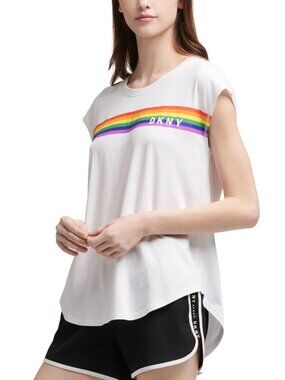 DKNY Womens Activewear Sport Rainbow Logo T-Shirt